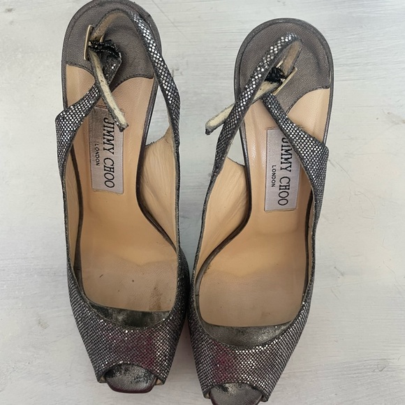 Jimmy Choo Silver Metallic Nova Glitter Slingback Pumps Heels - Picture 2 of 9